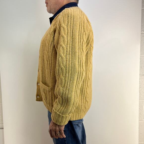 Vintage Alan Paine Shetland Wool Cable Knit Cardigan Camel Tan Winter - Picture 6 of 8